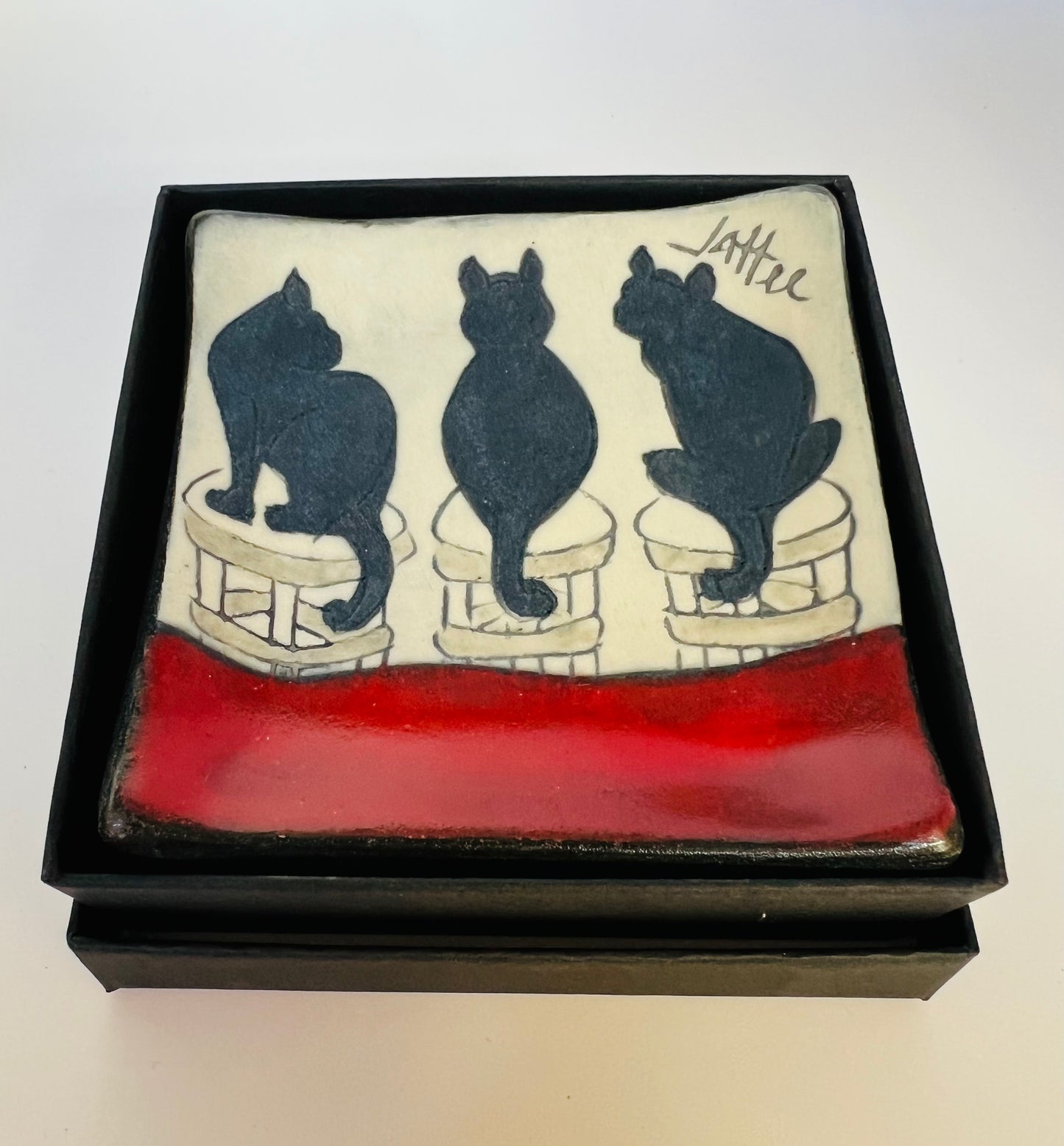 Cat on square tray/boxed 3.25x3.25 Sally Jaffee