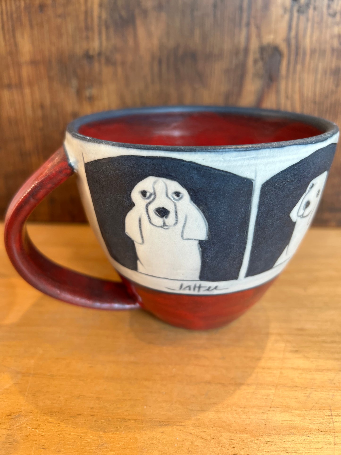 Dogs on Latte Cup 4”x4” by Sally Jaffee