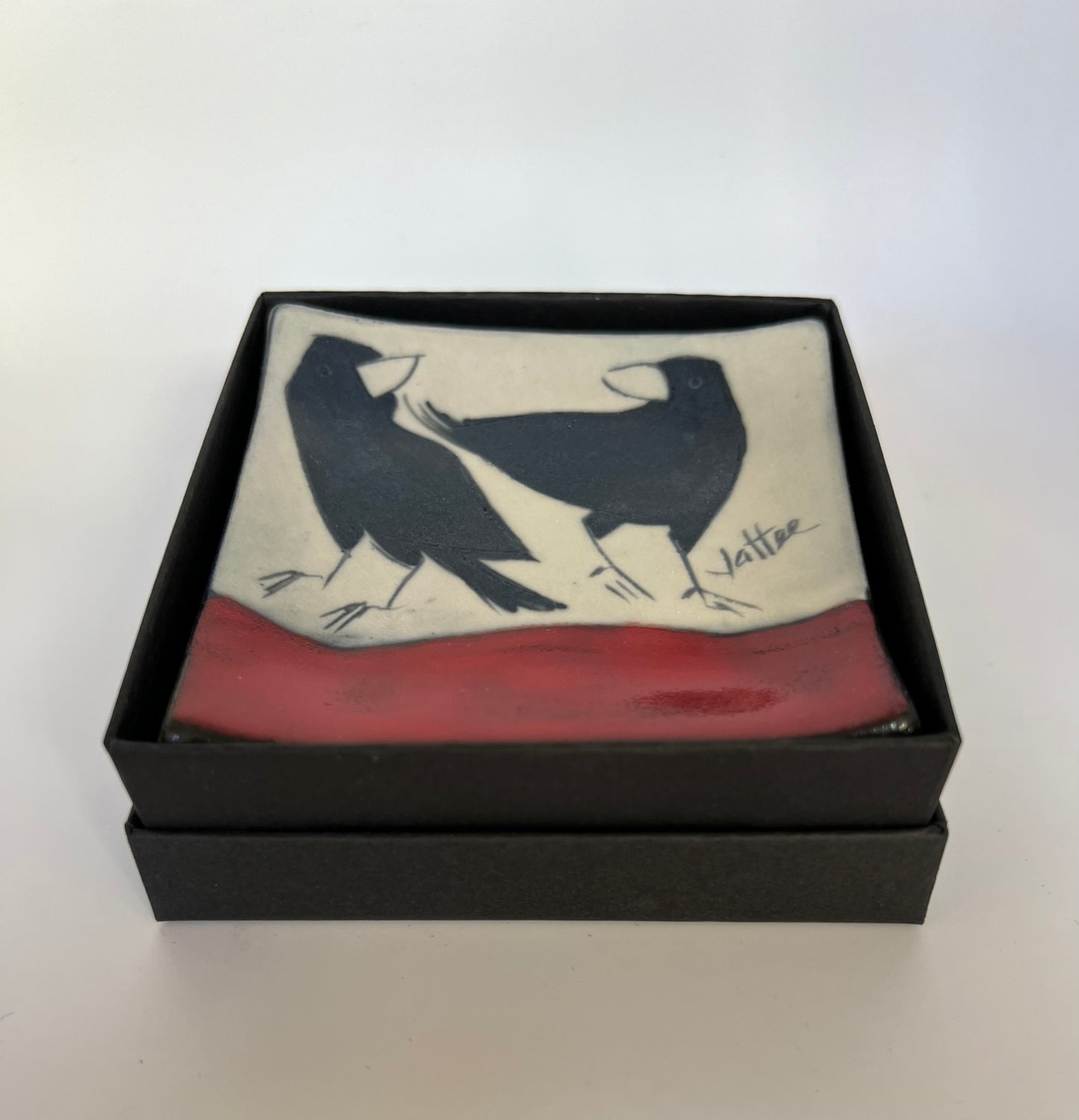 Crow on sm. square tray/boxed 3.25x3.25 "  Sally Jaffee