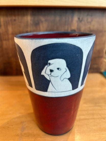 Dogs on Coffee Cup 5”x3 1/2” by Sally Jaffee