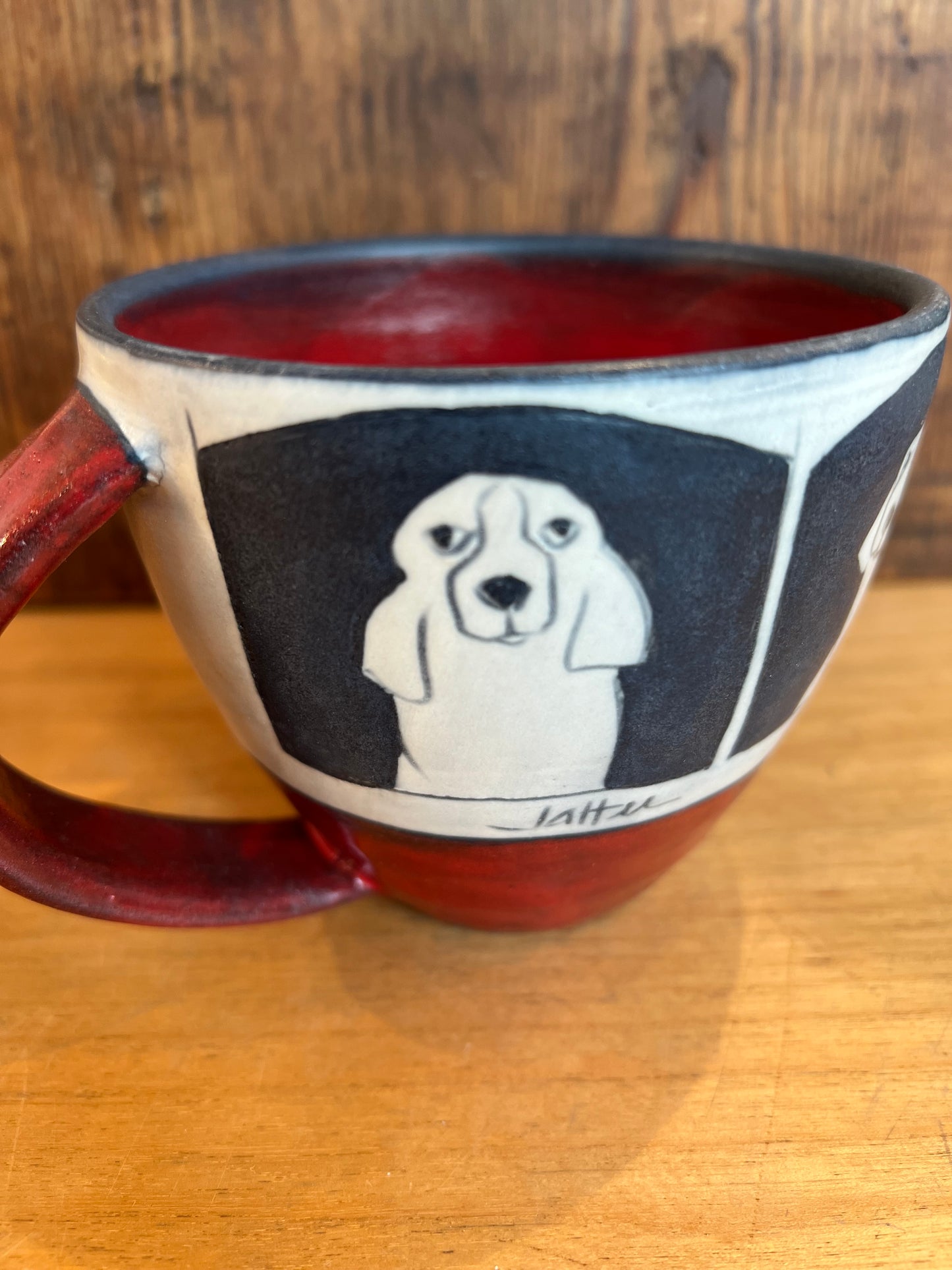 Dogs on Latte Cup 4”x4” by Sally Jaffee