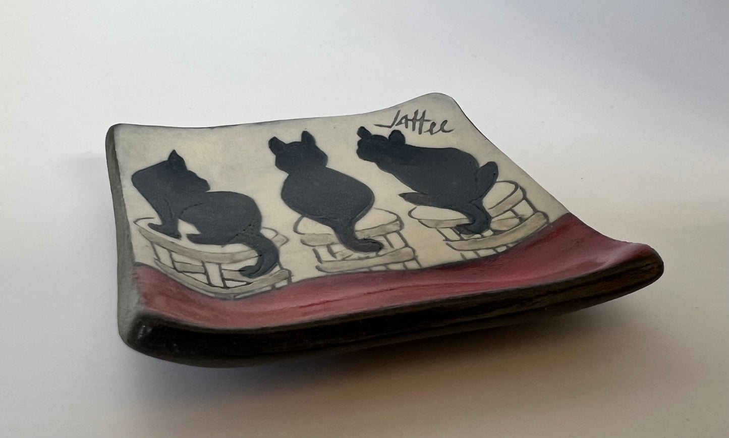 Cat on square tray/boxed 3.25x3.25 Sally Jaffee