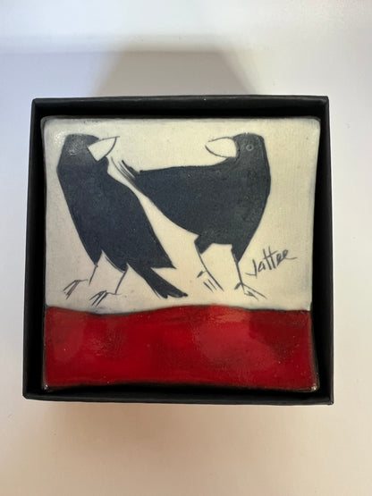 Crow on sm. square tray/boxed 3.25x3.25 "  Sally Jaffee