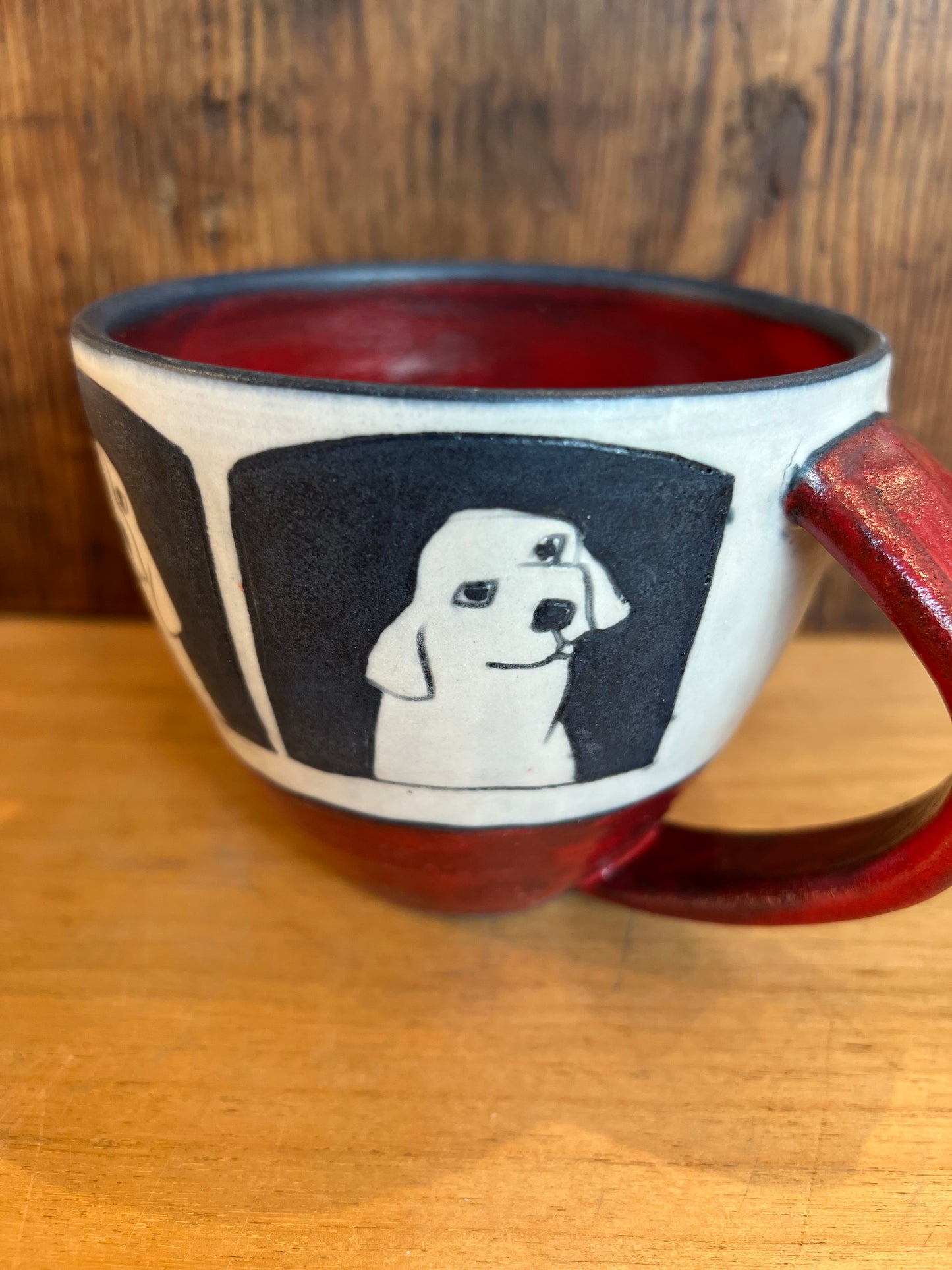 Dogs on Latte Cup 4”x4” by Sally Jaffee